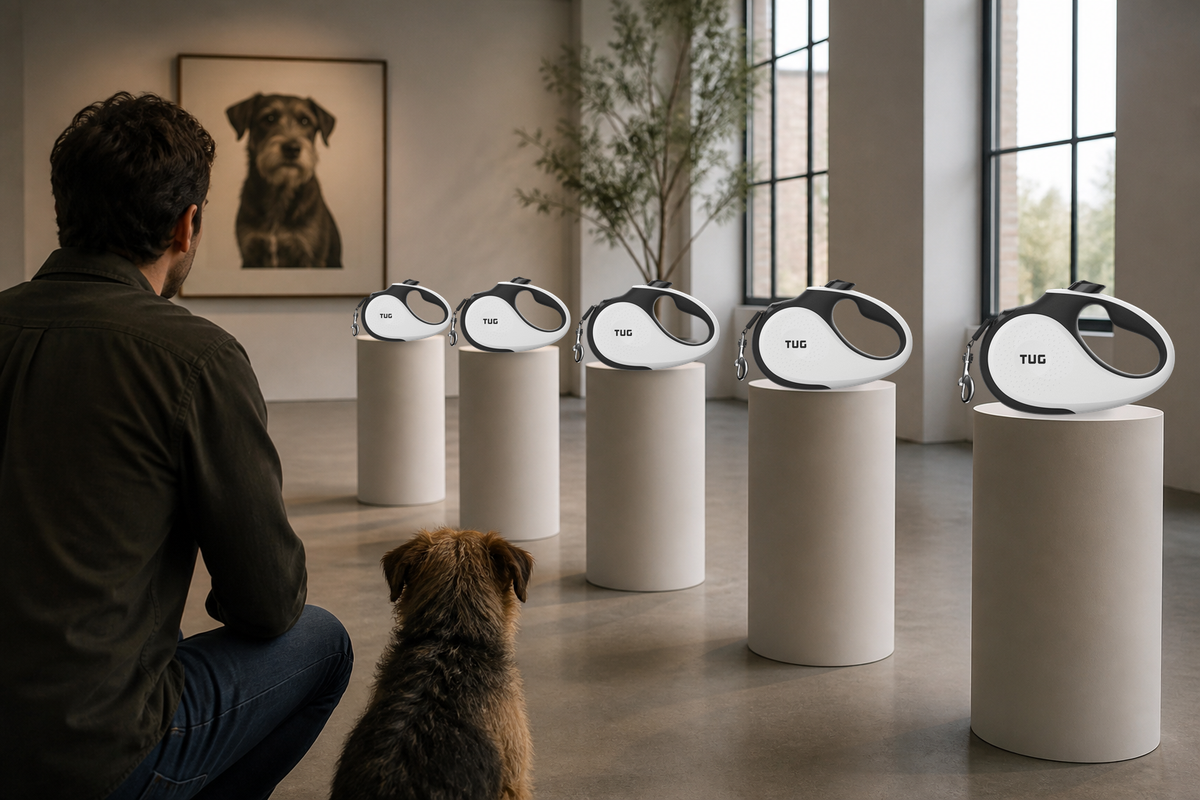 Person and dog facing five TUG Original retractable leashes on columns, Tiny through XL