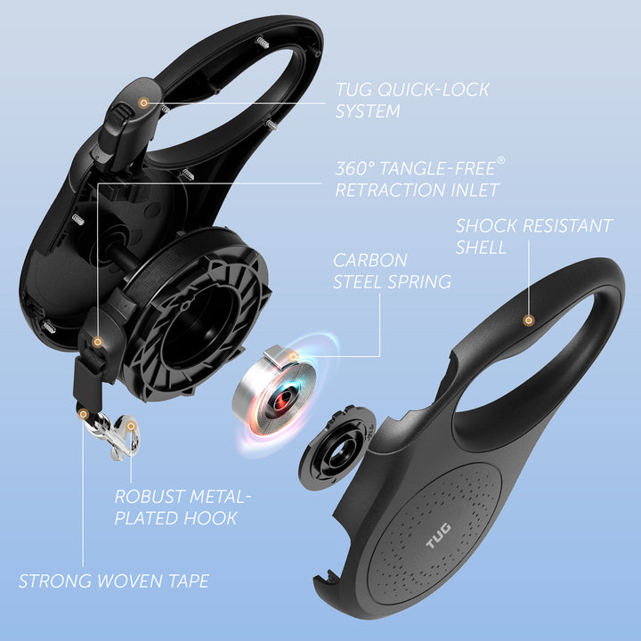 TUG Quest Retractable Dog Leash | 360° Tangle-Free Retraction | 16 ft Strong Nylon Tape