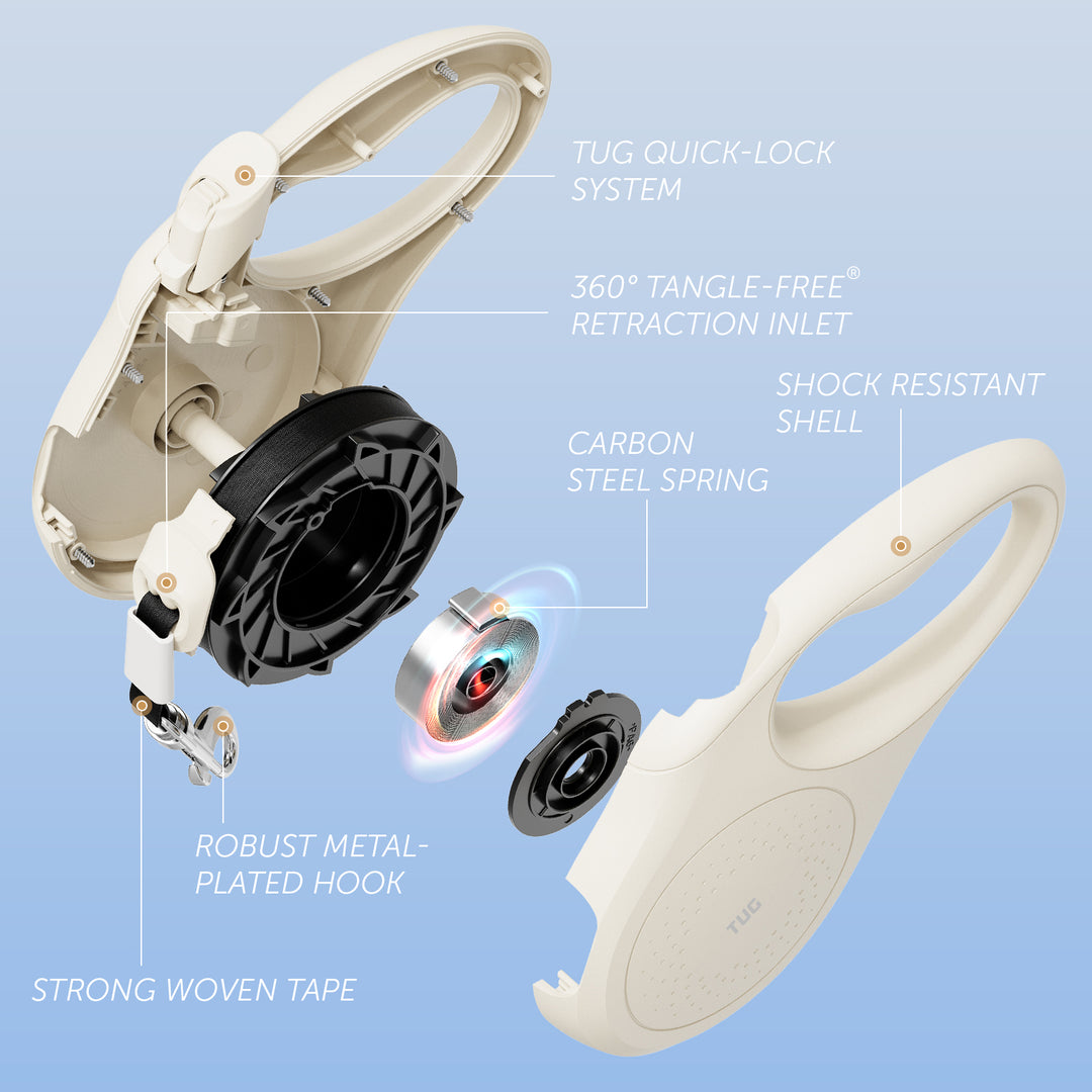 TUG Quest Retractable Dog Leash | 360° Tangle-Free Retraction | 16 ft Strong Nylon Tape