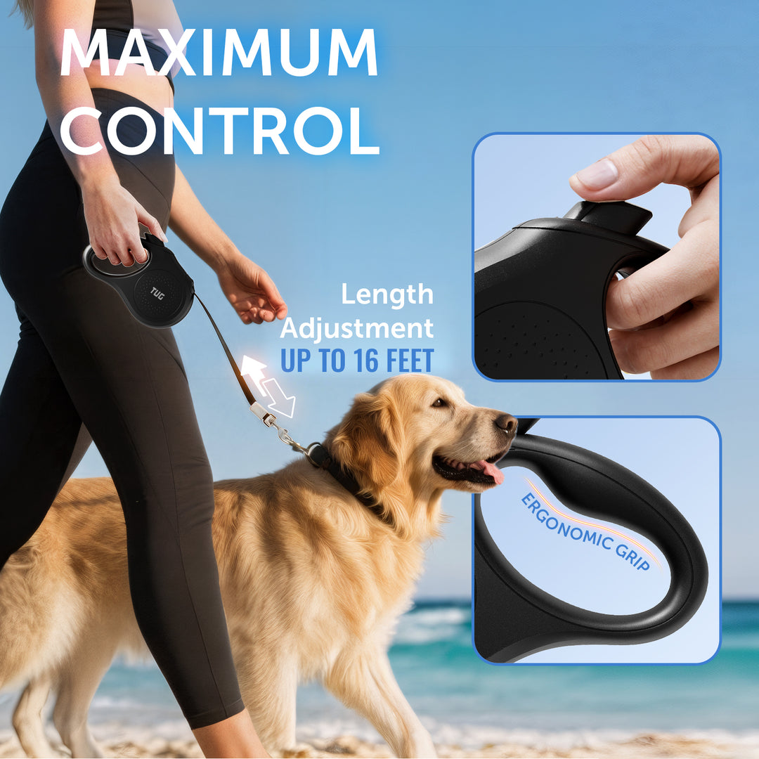 TUG Quest Retractable Dog Leash | 360° Tangle-Free Retraction | 16 ft Strong Nylon Tape