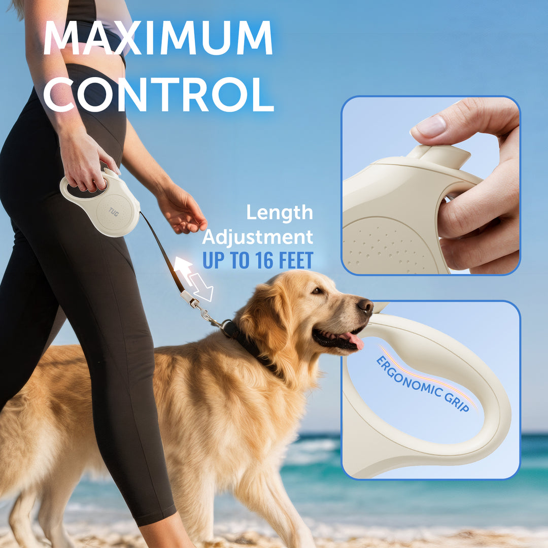 TUG Quest Retractable Dog Leash | 360° Tangle-Free Retraction | 16 ft Strong Nylon Tape