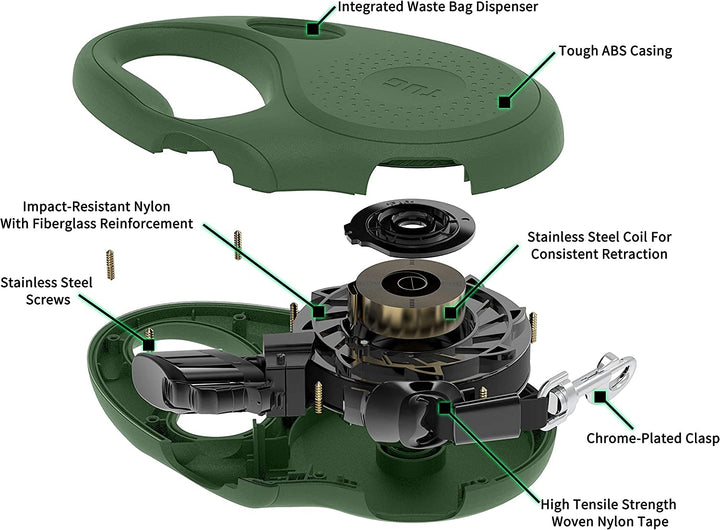 TUG Oval 360° Tangle-Free Retractable Dog Leash with Integrated Waste Bag Dispenser